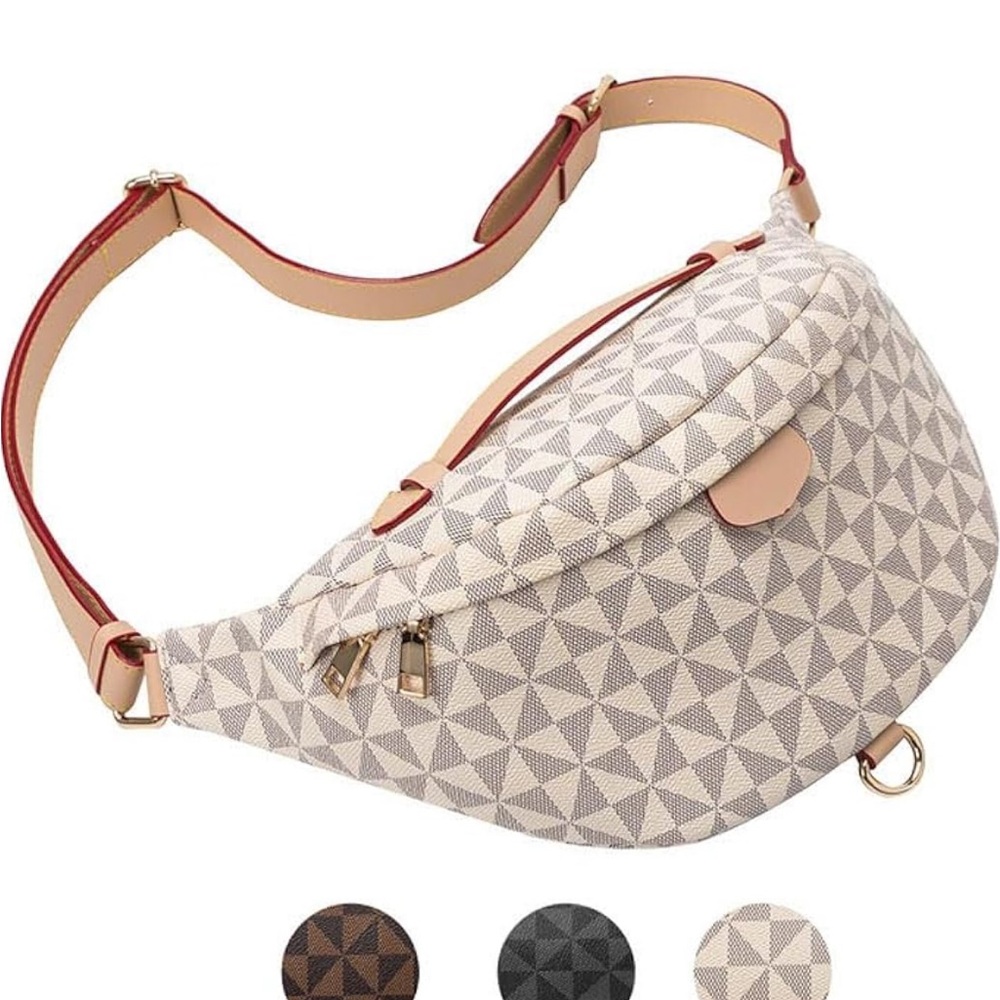 Geometric Patterned Beige Crossbody Bag